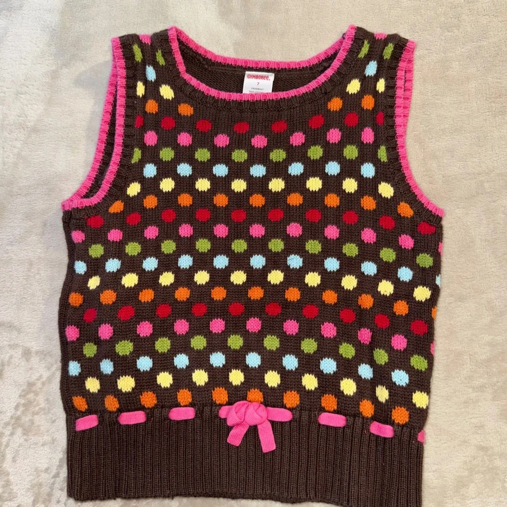 Gymboree Kids Girls Y2K 2007 Polka Dot Sweater Vest Flare Jeans Set Size 7 Brown